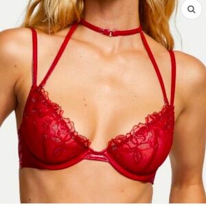 Victoria's Secret Very Sexy Demi Bra 34DD Sheer Low Cut Faux Leather Halter